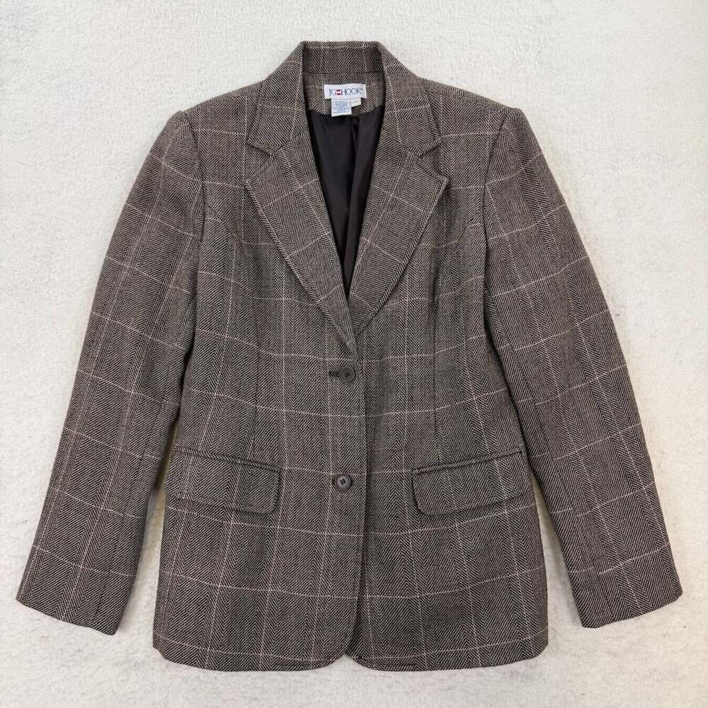 VTG JG Hook Jacket Women's Brown Herringbone Plaid 100% Wool Preppy Blazer Sz 8